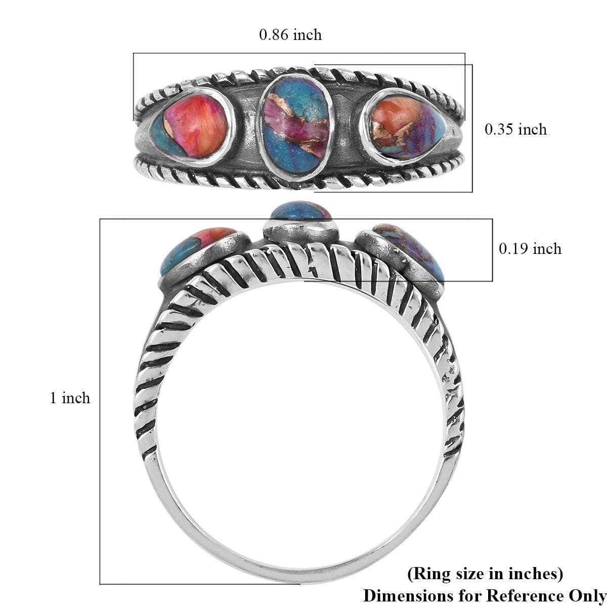 Santa Fe Style Rainbow Color Spiny Turquoise 3 Stone Ring in Sterling Silver (Size 7.0) 1.50 ctw image number 4