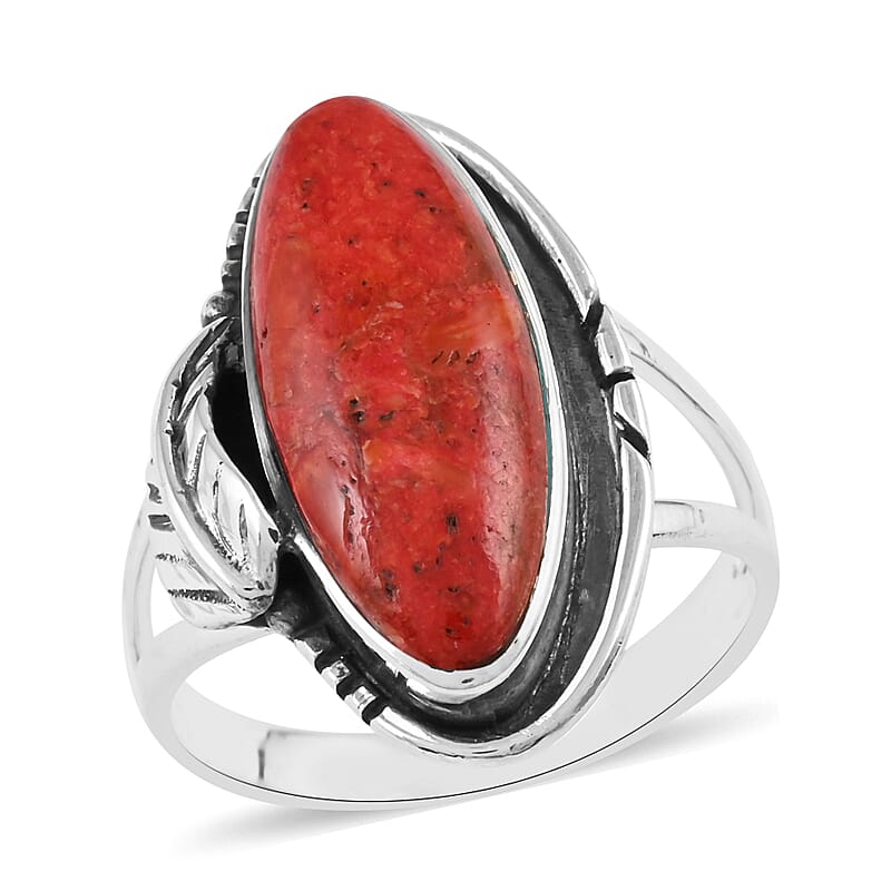 Santa Fe Style Coral Ring in Sterling Silver (Size 6) 4.45 ctw