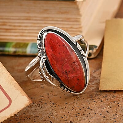 Santa Fe Style Coral Ring in Sterling Silver (Size 6) 4.45 ctw