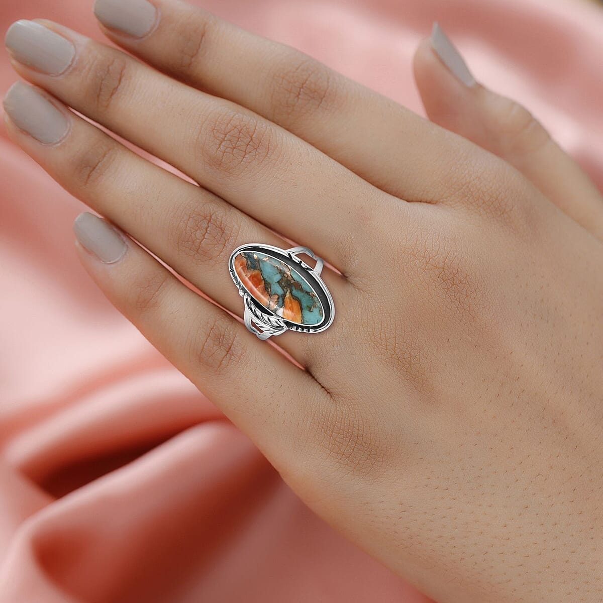 SANTA FE Style Coral Ring in Sterling Silver (Size 6) 4.45 ctw image number 2