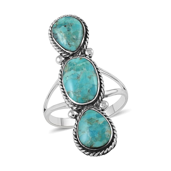 Santa Fe Style Turquoise 3 Stone Ring in Sterling Silver (Size 6) 4.50 ctw