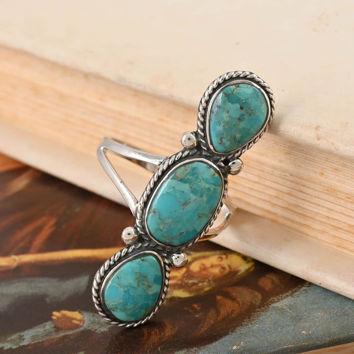 Santa Fe Style Turquoise 3 Stone Ring in Sterling Silver (Size 6) 4.50 ctw image number 1