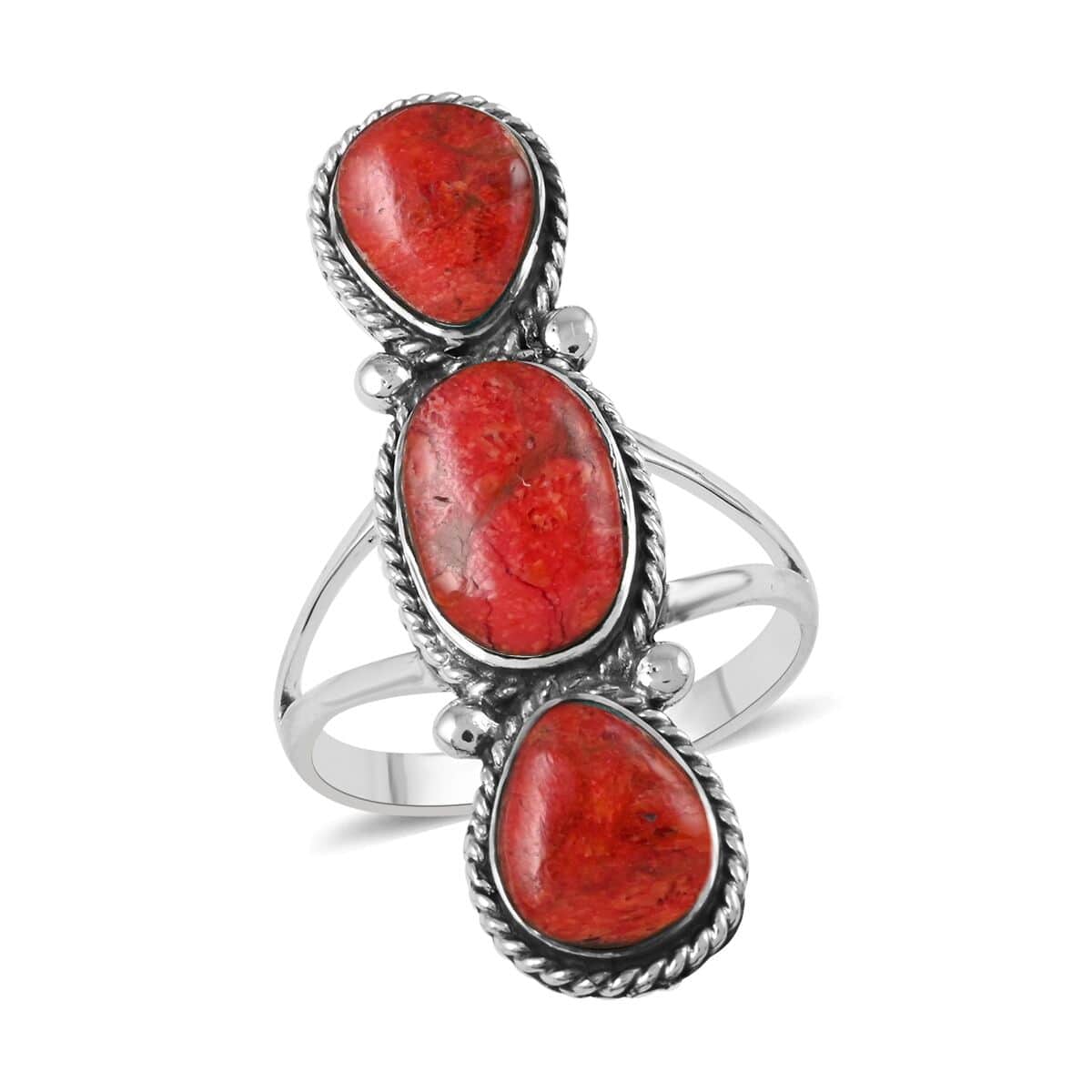 Santa Fe Style Coral Ring in Sterling Silver (Size 9.0) 4.50 ctw image number 0