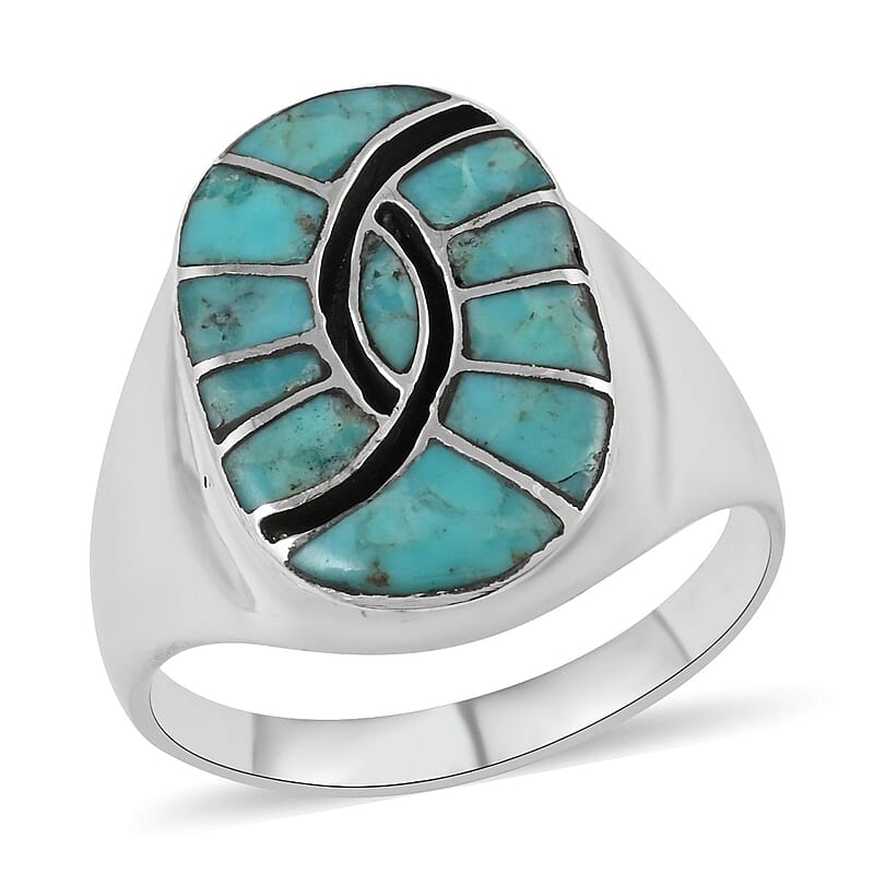 Santa Fe Style Blue Turquoise and Black Onyx Third Eye Men's Ring in Sterling Silver (Size 10.0) 4.00 ctw