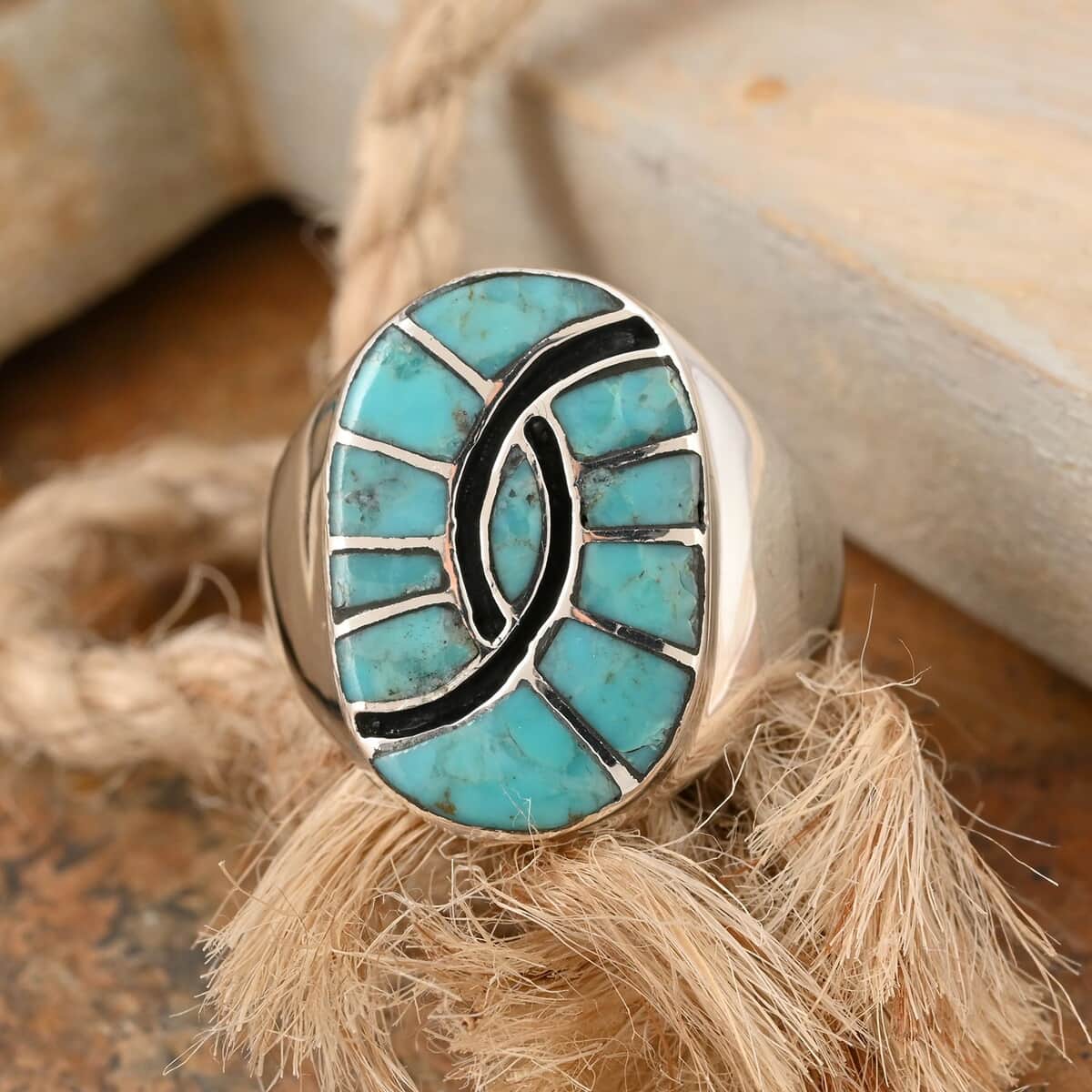 Santa Fe Style Blue Turquoise and Black Onyx Third Eye Men's Ring in Sterling Silver (Size 10.0) 4.00 ctw image number 1