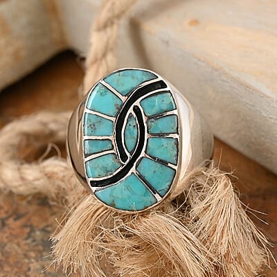 Santa Fe Style Blue Turquoise and Black Onyx Third Eye Men's Ring in Sterling Silver (Size 10.0) 4.00 ctw