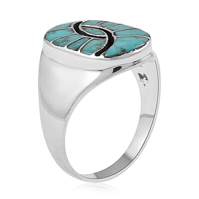 Santa Fe Style Blue Turquoise and Black Onyx Third Eye Men's Ring in Sterling Silver (Size 10.0) 4.00 ctw