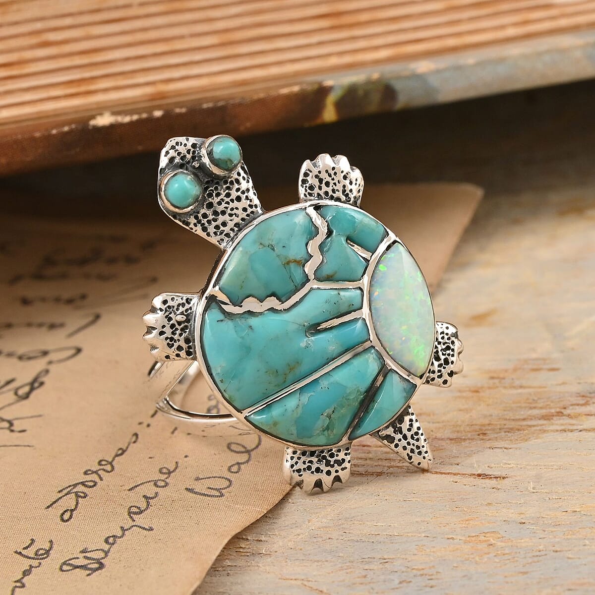 SANTA FE Style Turquoise and Lab Created Opal Turtle Ring in Sterling Silver 3.50 ctw image number 1