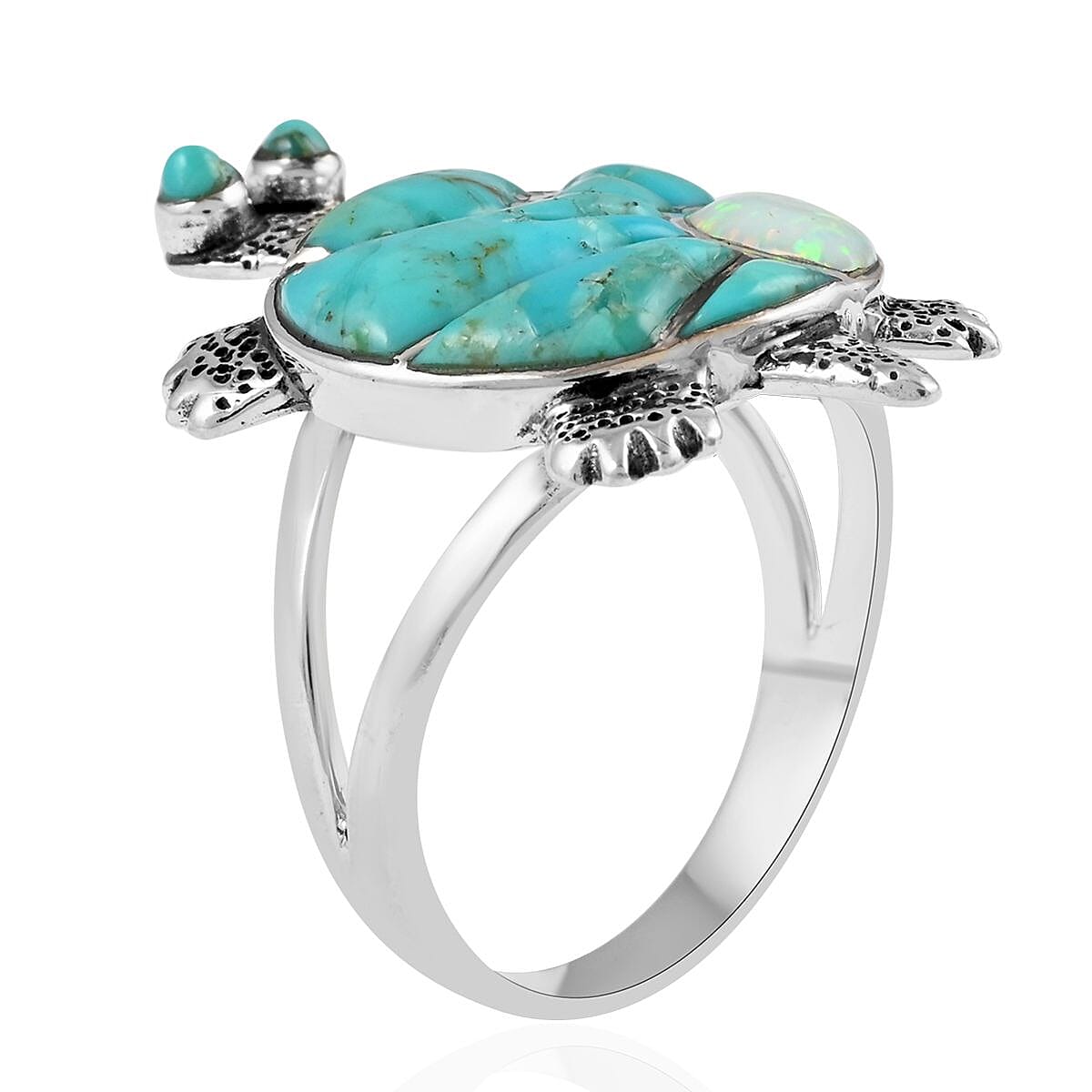 SANTA FE Style Turquoise and Lab Created Opal Turtle Ring in Sterling Silver 3.50 ctw image number 3