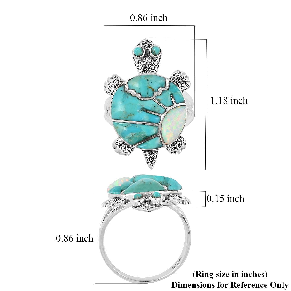 SANTA FE Style Turquoise and Lab Created Opal Turtle Ring in Sterling Silver 3.50 ctw image number 4