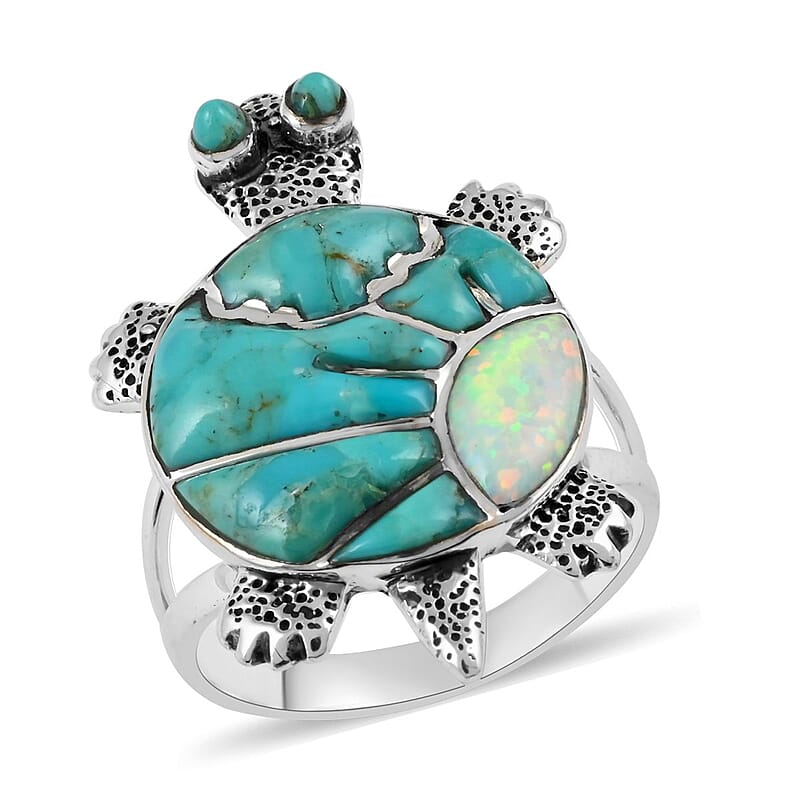 Santa Fe Style Turquoise and Lab Created Opal Turtle Ring in Sterling Silver (Size 7.0) 3.50 ctw