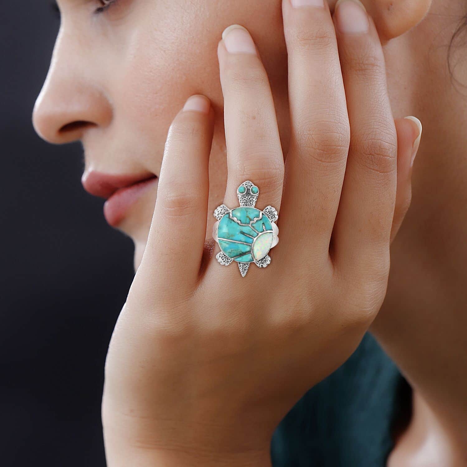 Buy Santa Fe Style Turquoise and Lab Created Opal Turtle Ring in