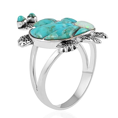 Santa Fe Style Turquoise and Lab Created Opal Turtle Ring in Sterling Silver (Size 7.0) 3.50 ctw