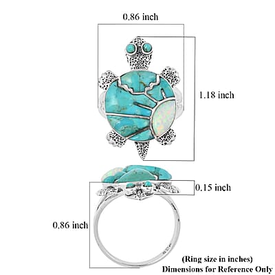Santa Fe Style Turquoise and Lab Created Opal Turtle Ring in Sterling Silver (Size 7.0) 3.50 ctw