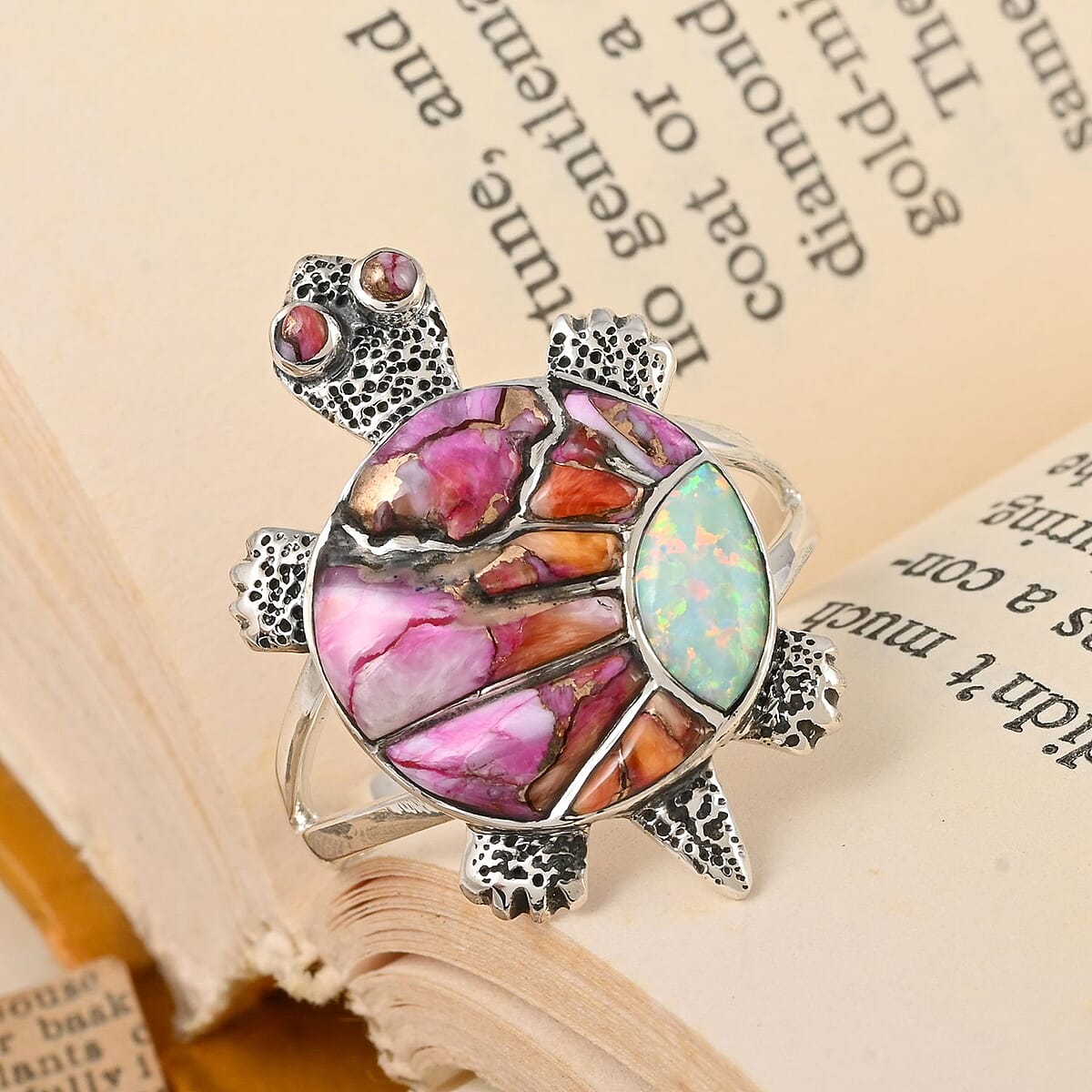 Santa Fe Style Rainbow Spiny Turquoise, Lab Created Opal Ring in Sterling Silver (Size 8.0) 3.50 ctw image number 1