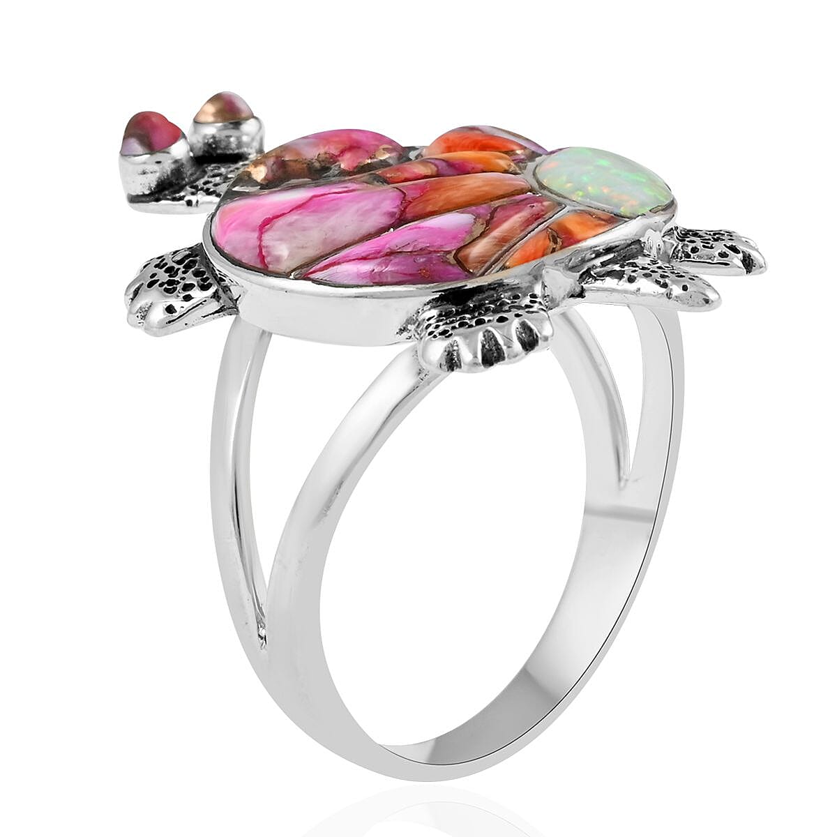 Santa Fe Style Rainbow Spiny Turquoise, Lab Created Opal Ring in Sterling Silver (Size 8.0) 3.50 ctw image number 3