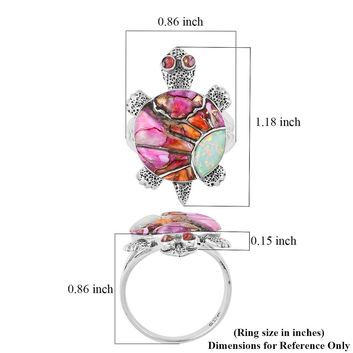 Santa Fe Style Rainbow Spiny Turquoise, Lab Created Opal Ring in Sterling Silver (Size 8.0) 3.50 ctw image number 4