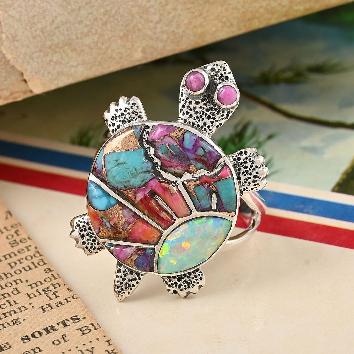 Santa Fe Style Spiny Turquoise and Lab Created Opal Turtle Ring in Sterling Silver (Size 10.0) 3.50 ctw image number 1