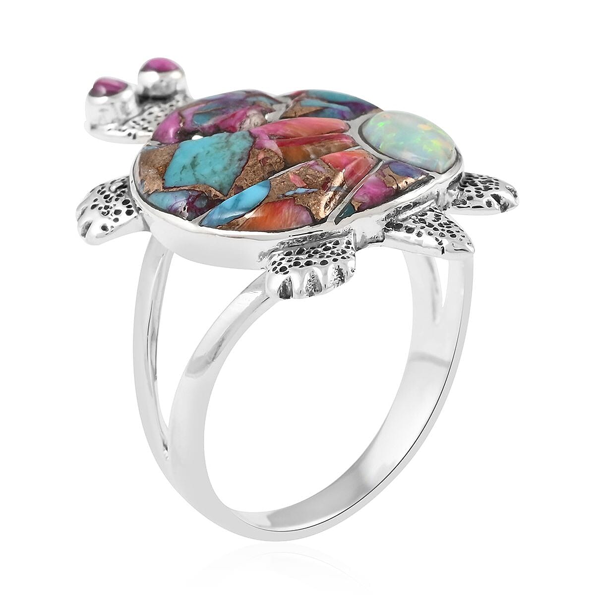 Santa Fe Style Spiny Turquoise and Lab Created Opal Turtle Ring in Sterling Silver (Size 10.0) 3.50 ctw image number 3
