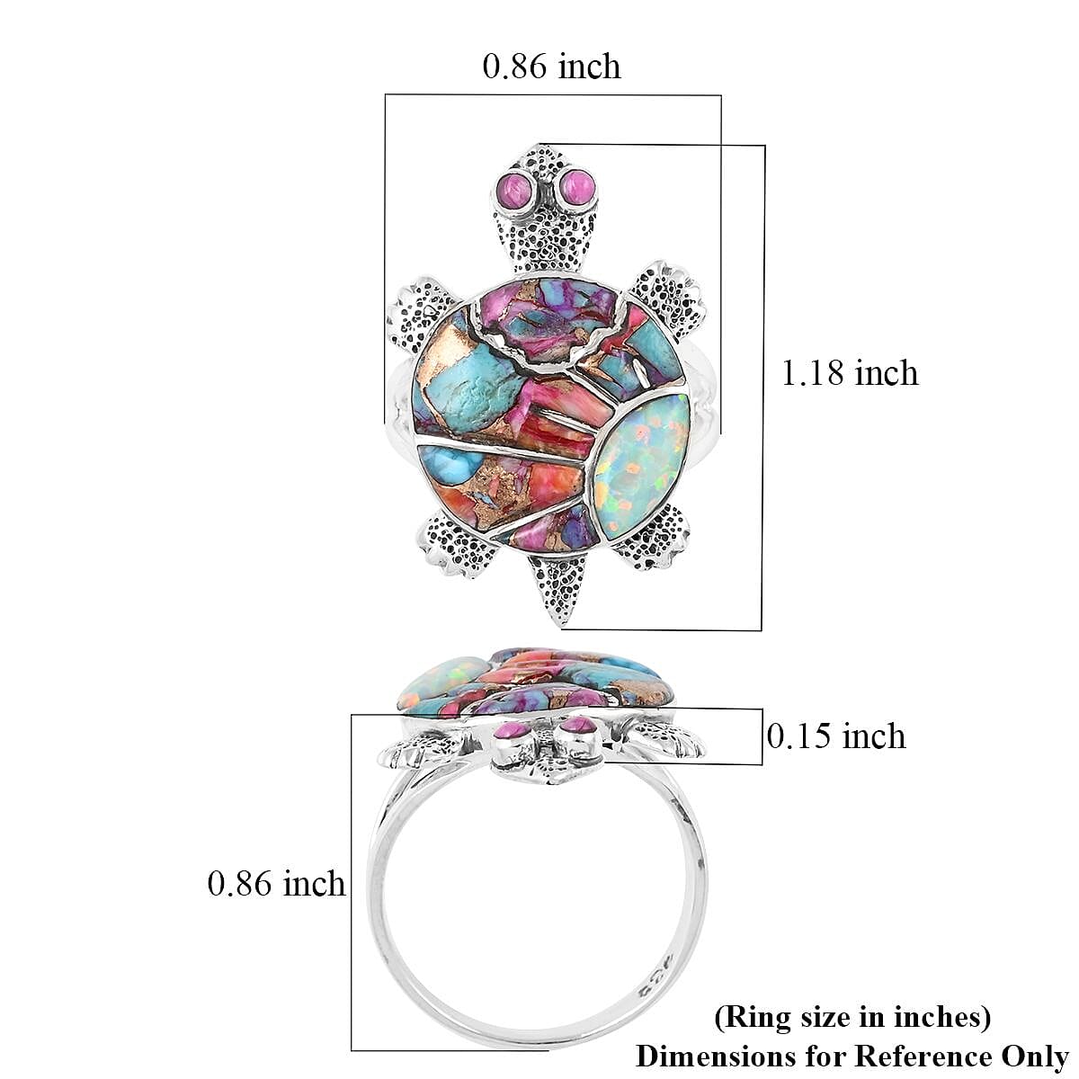 Santa Fe Style Spiny Turquoise and Lab Created Opal Turtle Ring in Sterling Silver (Size 10.0) 3.50 ctw image number 4