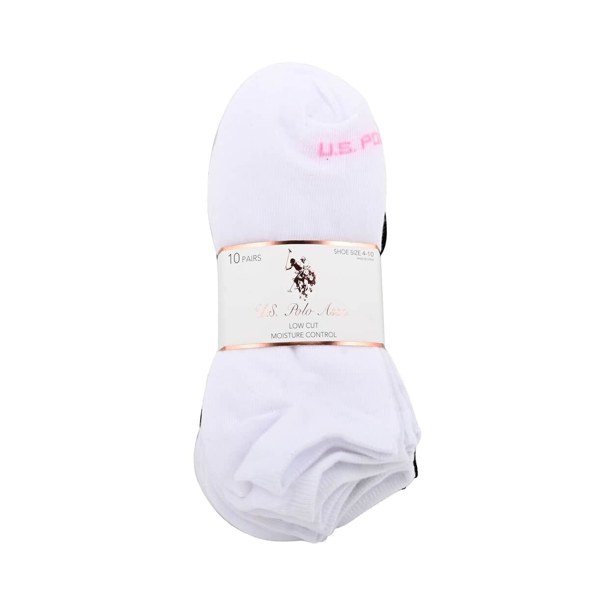 US POLO ASSN 10 Pairs Women's Low Cut Socks (Sizes 4-10) -White-Pink/Black image number 1