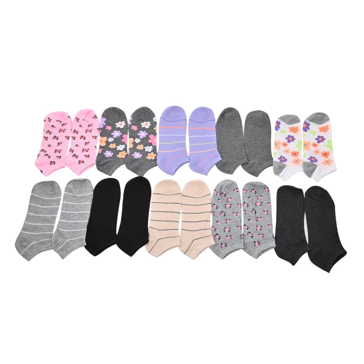 XOXO 10 Pairs Women's Low Cut Floral & Stripe Socks (Sizes 4-10) -Dark Gray/Pink image number 0