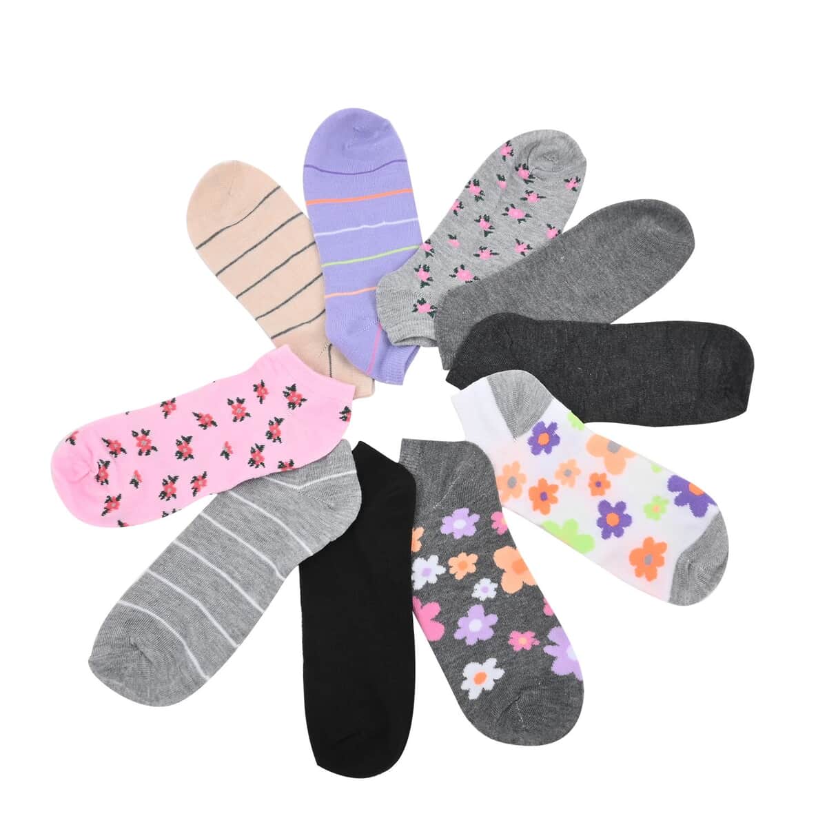 XOXO 10 Pairs Women's Low Cut Floral & Stripe Socks (Sizes 4-10) -Dark Gray/Pink image number 1
