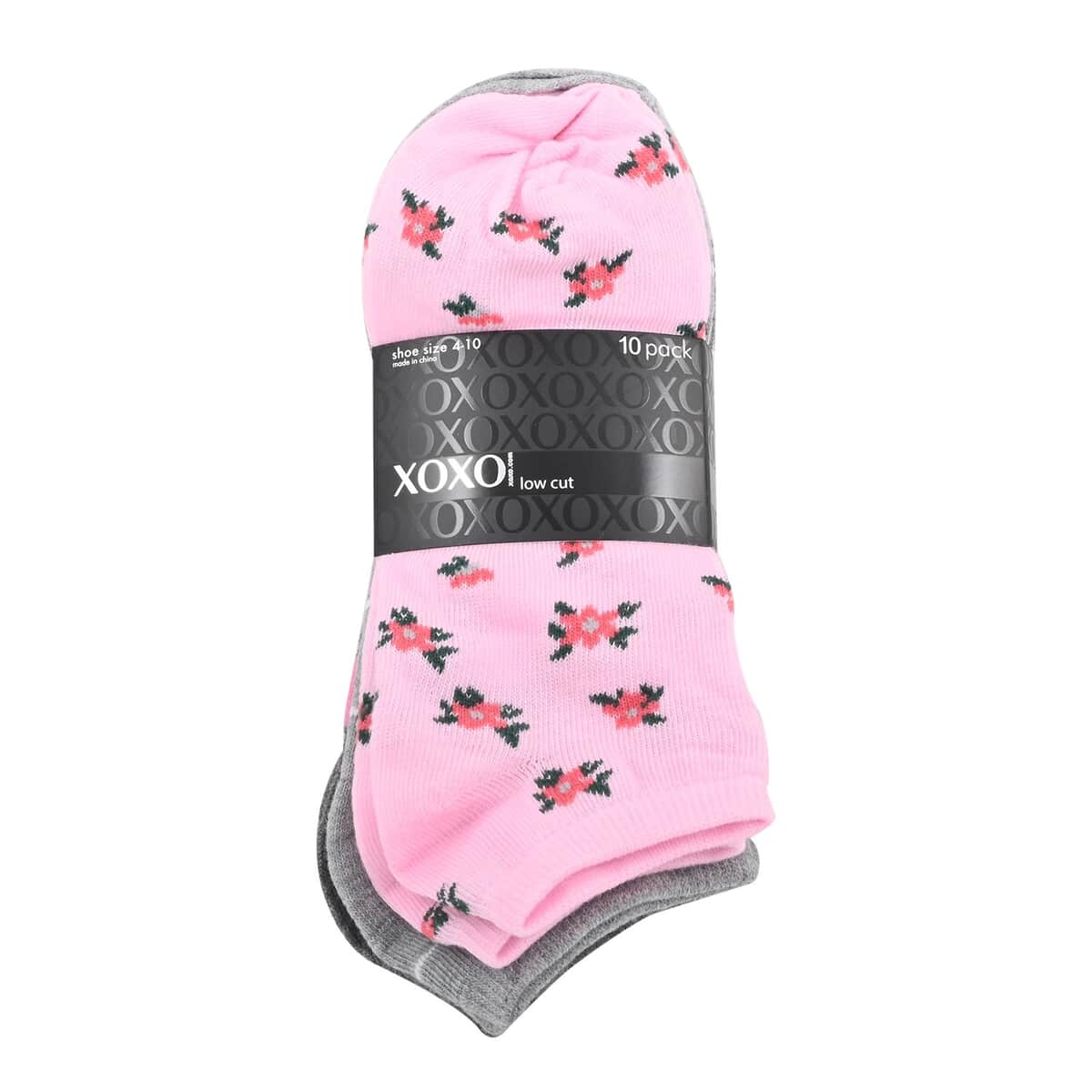 XOXO 10 Pairs Women's Low Cut Floral & Stripe Socks (Sizes 4-10) -Dark Gray/Pink image number 3