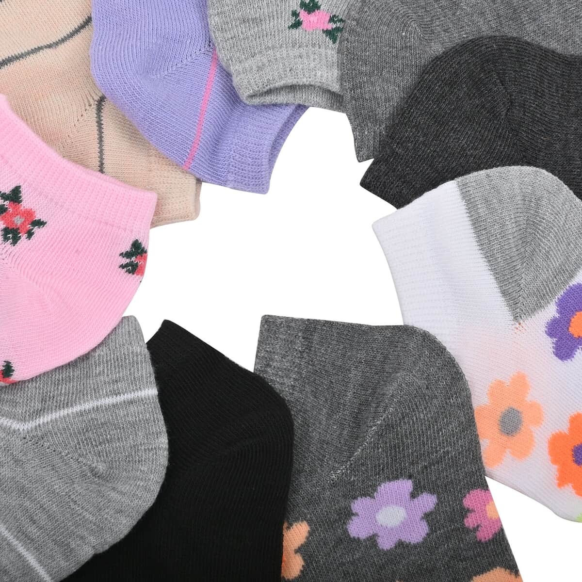 XOXO 10 Pairs Women's Low Cut Floral & Stripe Socks (Sizes 4-10) -Dark Gray/Pink image number 4