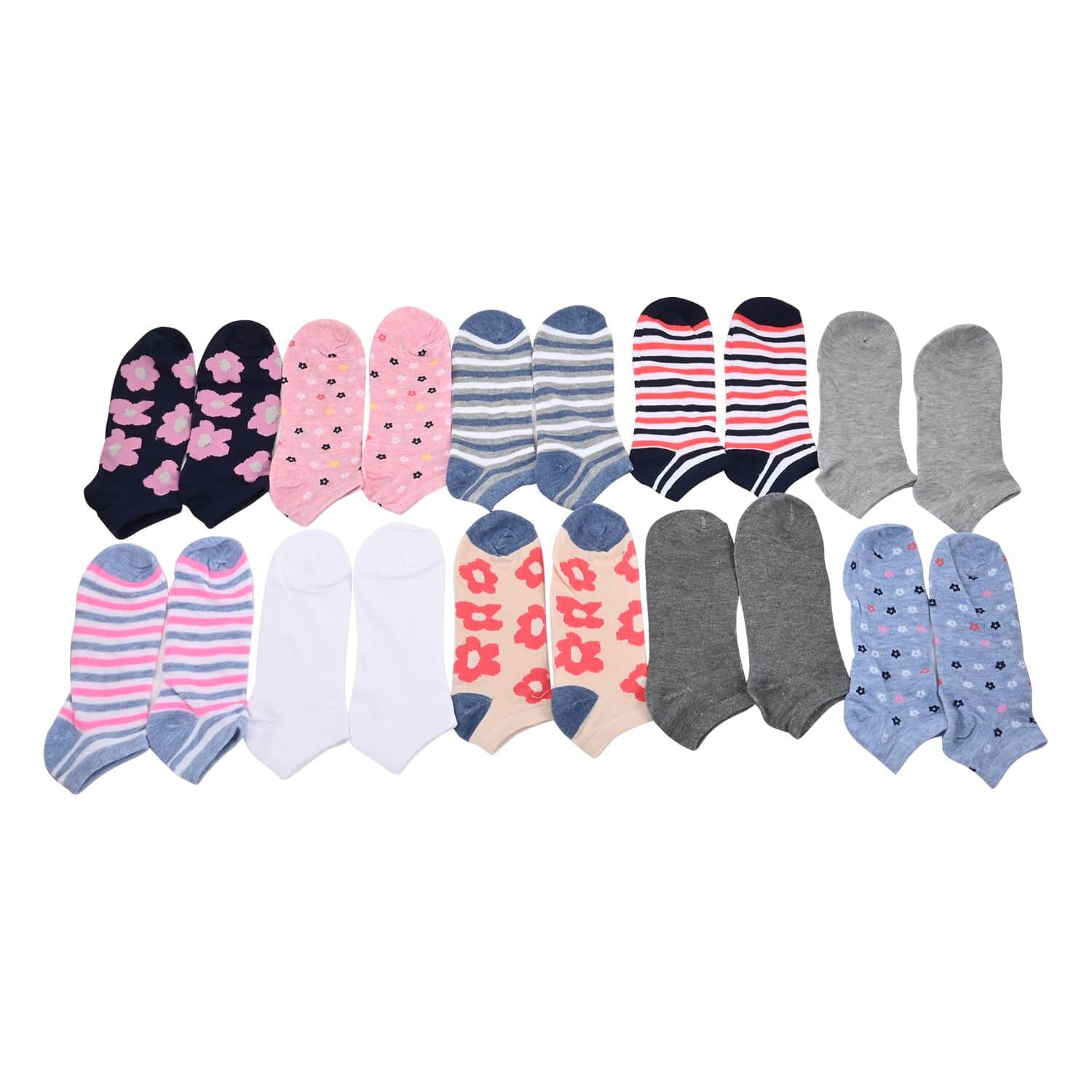 XOXO 10 Pairs Women's Low Cut Floral & Stripe Socks (Sizes 4-10)  -Blue/Lilac/Gray