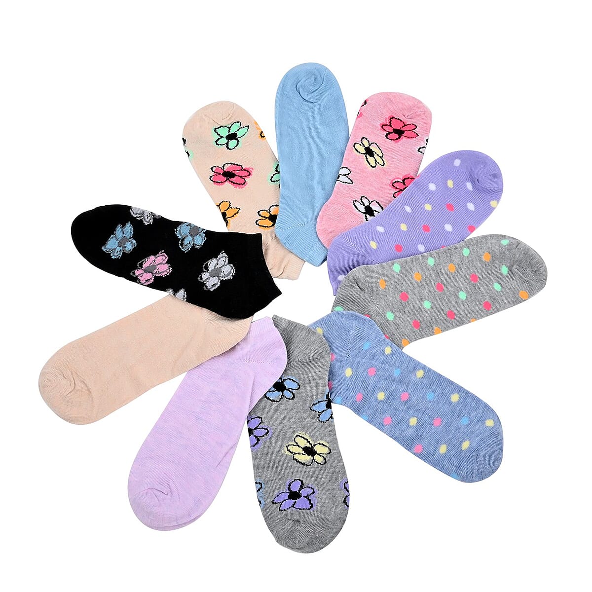 Closeout XOXO 10 Pairs Women's Low Cut Dots & Floral Socks (Sizes 4-10) - Gray/Beige image number 3