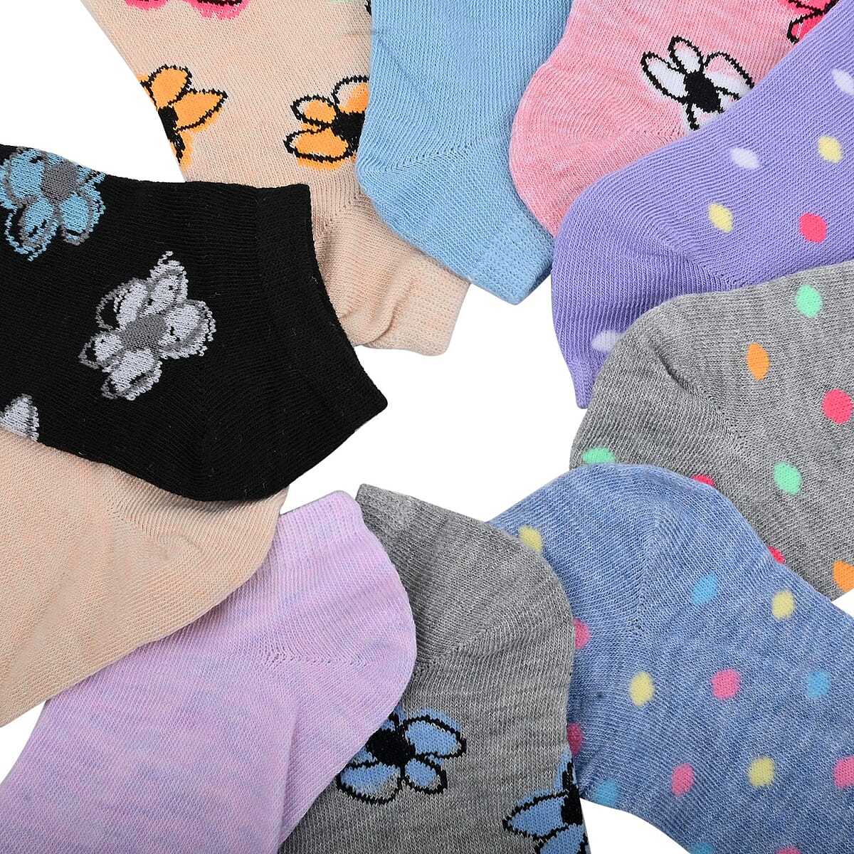 Closeout XOXO 10 Pairs Women's Low Cut Dots & Floral Socks (Sizes 4-10) - Gray/Beige image number 4