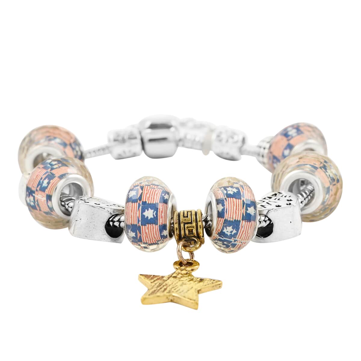 Resin, Enameled US Flag Pattern Bracelet with Star Charm in Dualtone (7.50 In) image number 0