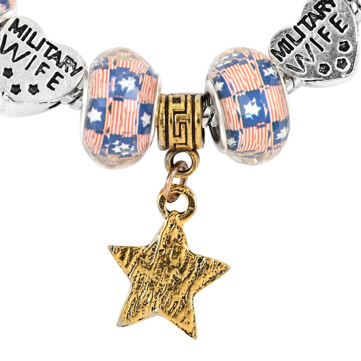 Resin, Enameled US Flag Pattern Bracelet with Star Charm in Dualtone (7.50 In) image number 1