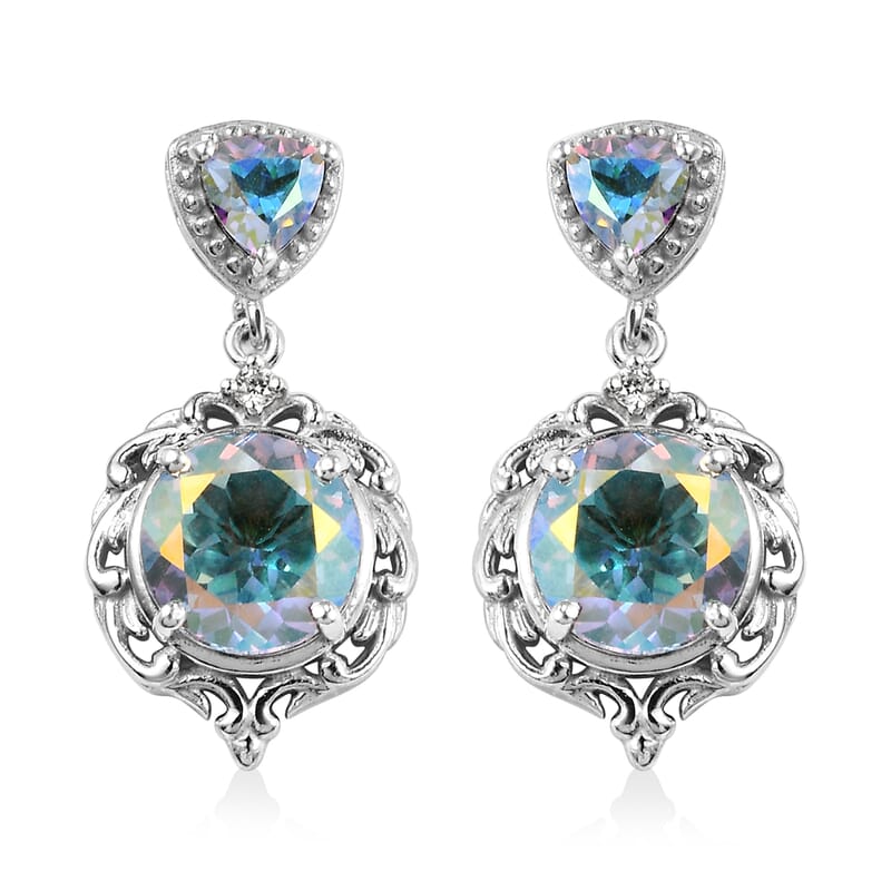 Mercury Mystic Topaz and White Zircon Dangling Earrings in Platinum Over Sterling Silver 7.40 ctw