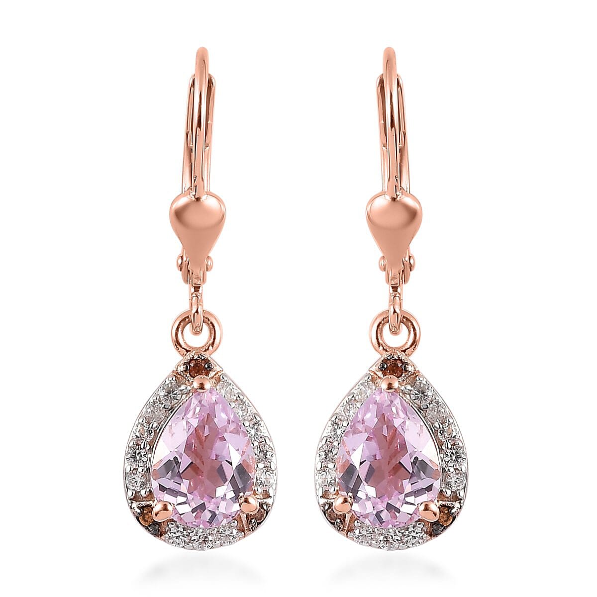 Martha Rocha Kunzite, Brown and White Zircon Solitaire Lever Back Earring in Vermeil Rose Gold Sterling Silver 3.50 ctw image number 0