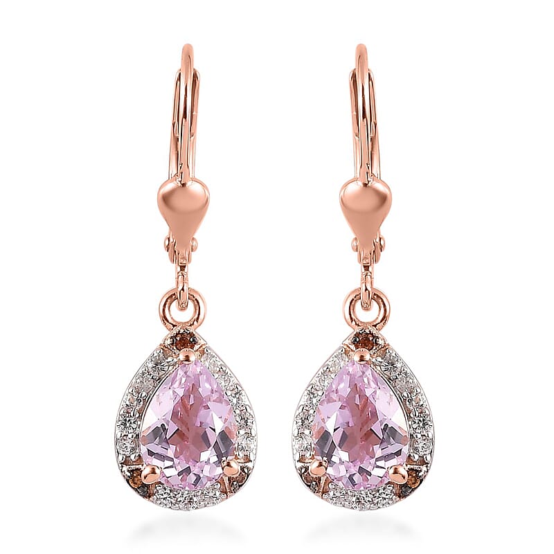 Martha Rocha Kunzite, Brown and White Zircon Solitaire Lever Back Earring in Vermeil Rose Gold Sterling Silver 3.50 ctw