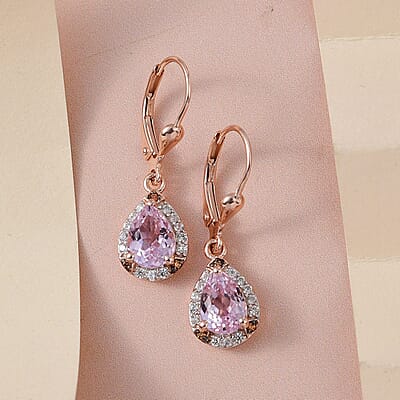 Martha Rocha Kunzite, Brown and White Zircon Solitaire Lever Back Earring in Vermeil Rose Gold Sterling Silver 3.50 ctw