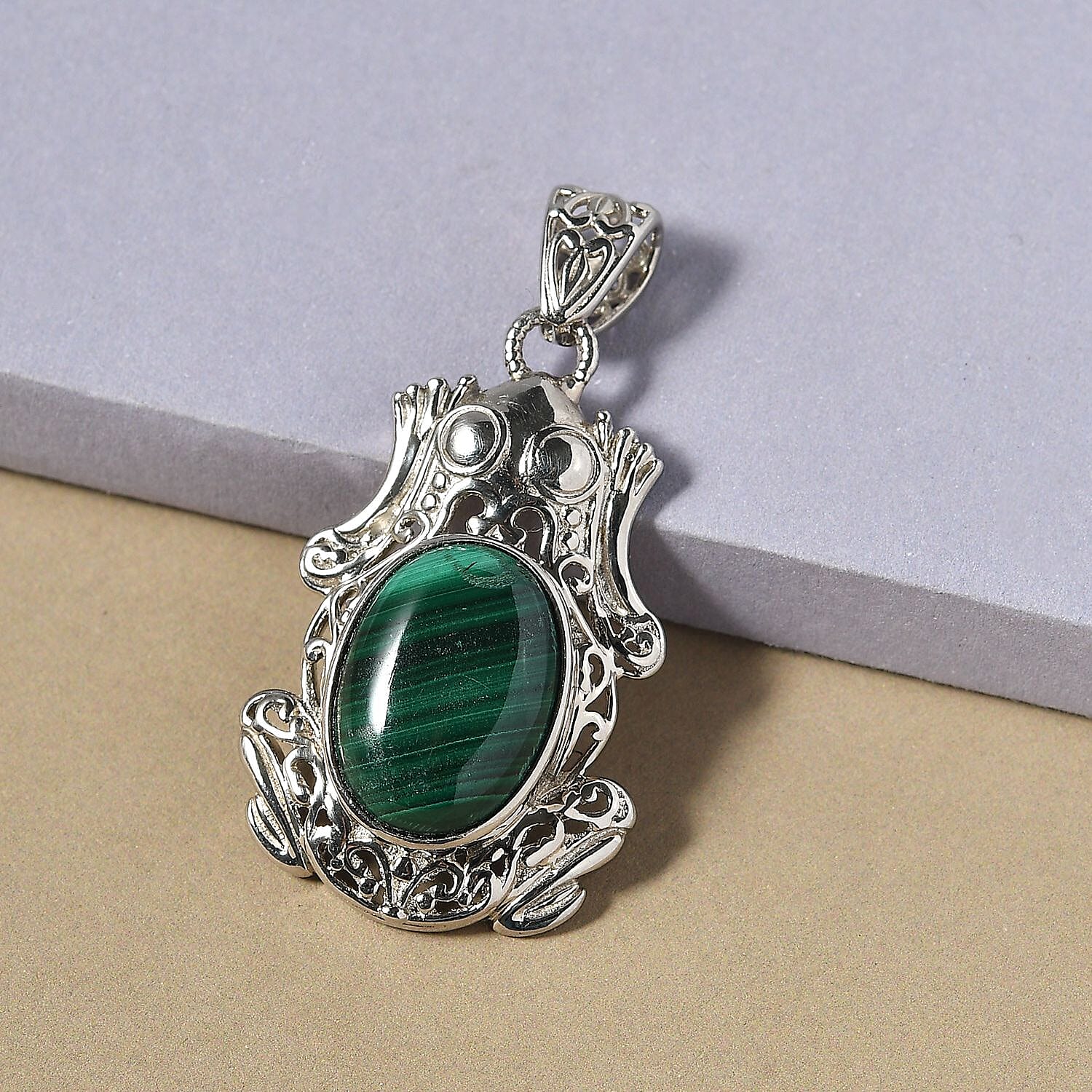African Malachite Solitaire Pendant without Chain in Platinum Over Copper with Magnet 13.25 ctw