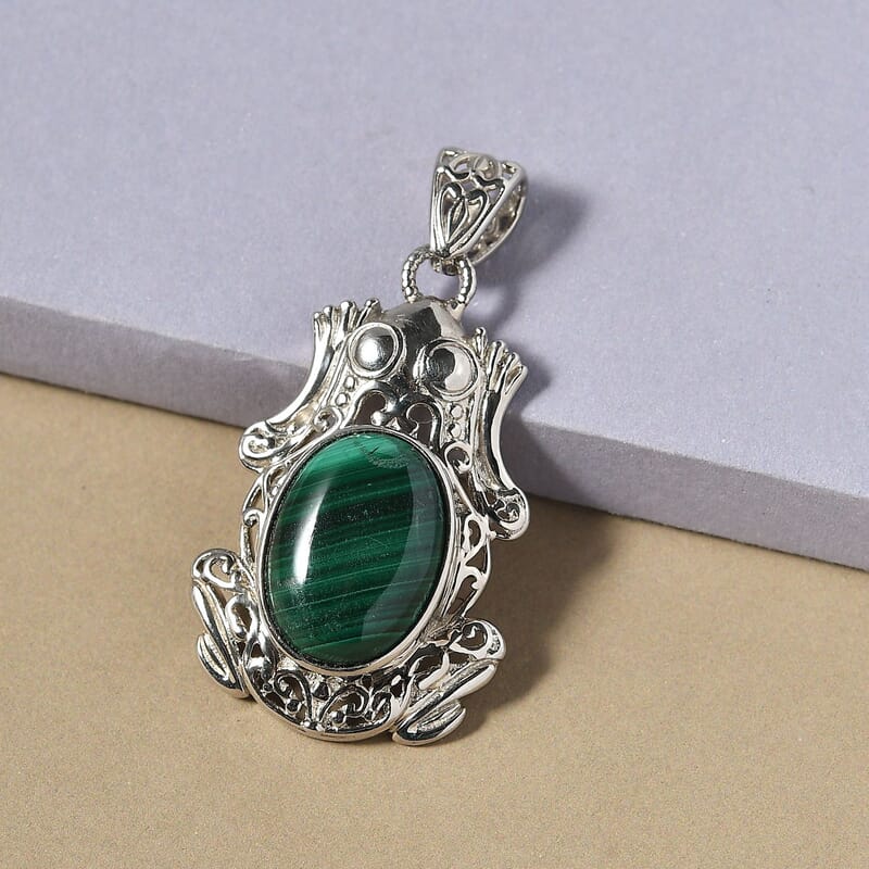 African Malachite Solitaire Pendant without Chain in Platinum Over Copper with Magnet 13.25 ctw