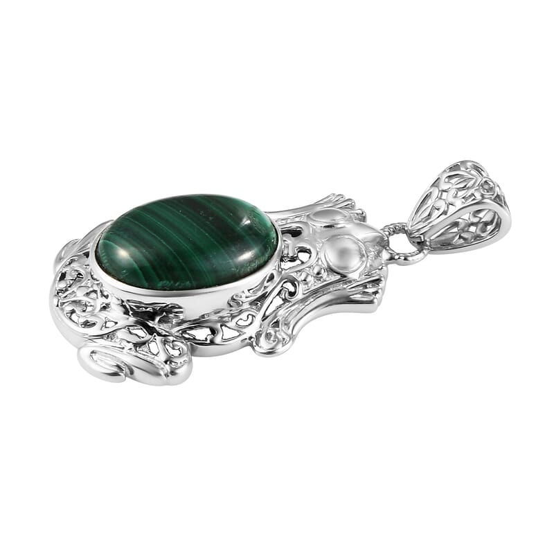 African Malachite Solitaire Pendant without Chain in Platinum Over Copper with Magnet 13.25 ctw