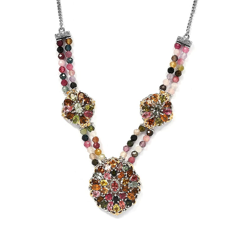 Multi-Tourmaline Cluster Necklace 18 Inches in Platinum Over Sterling Silver 25.85 ctw