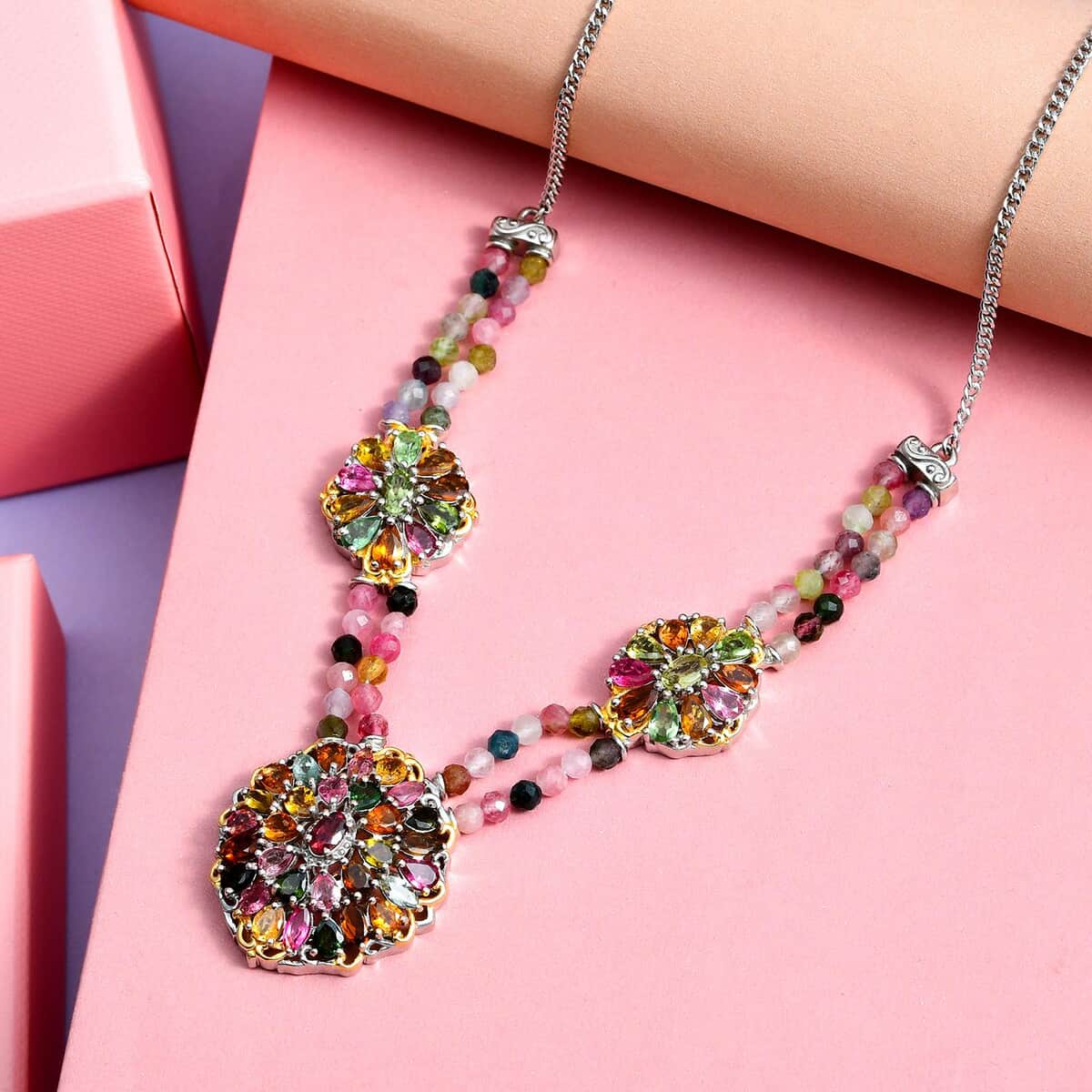 Multi-Tourmaline Cluster Necklace 18 Inches in Platinum Over Sterling Silver 25.85 ctw image number 1