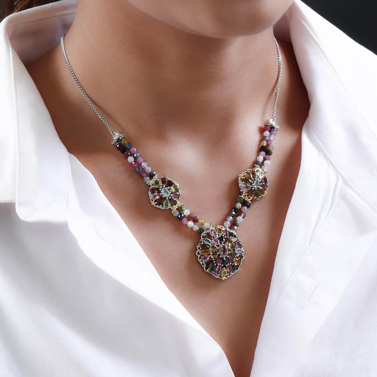 Multi-Tourmaline Cluster Necklace 18 Inches in Platinum Over Sterling Silver 25.85 ctw image number 2