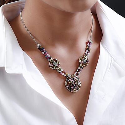 Multi-Tourmaline Cluster Necklace 18 Inches in Platinum Over Sterling Silver 25.85 ctw