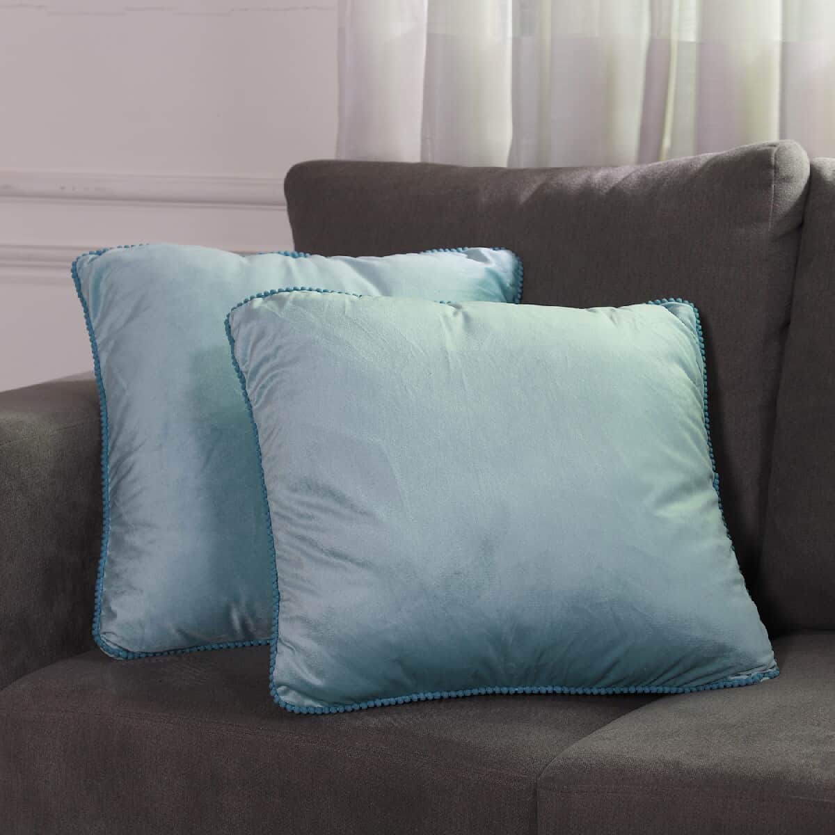 Set of 2 Blue Solid Velvet Cushion Cover with Pom Pom (18"x18") image number 0