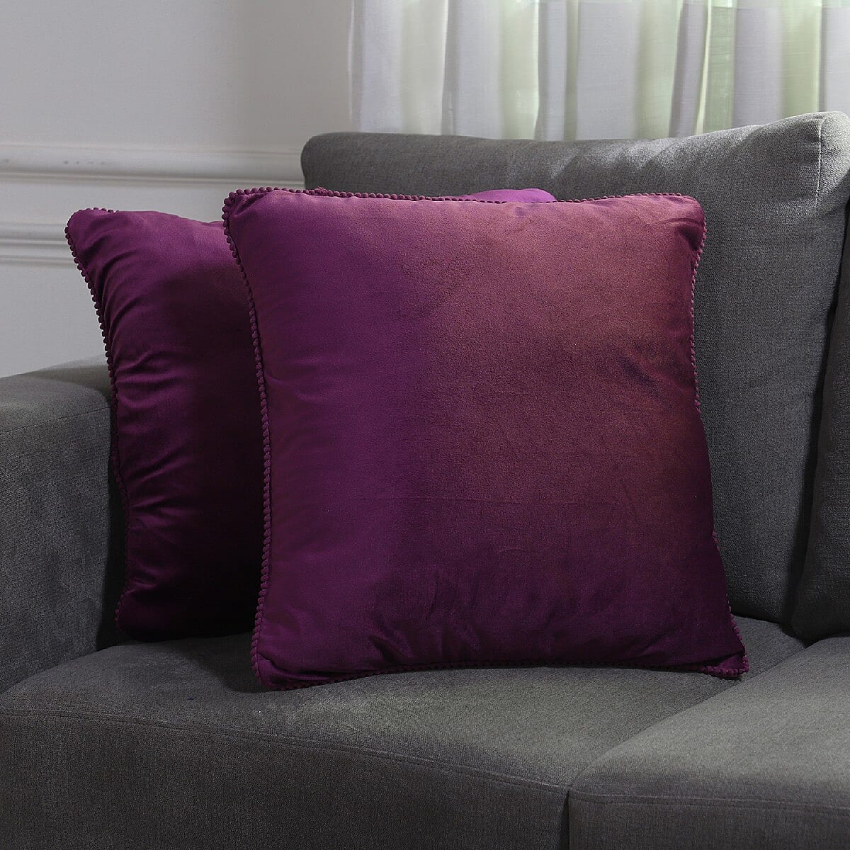 Set of 2 Purple Solid Velvet Cushion Cover with Pom Pom