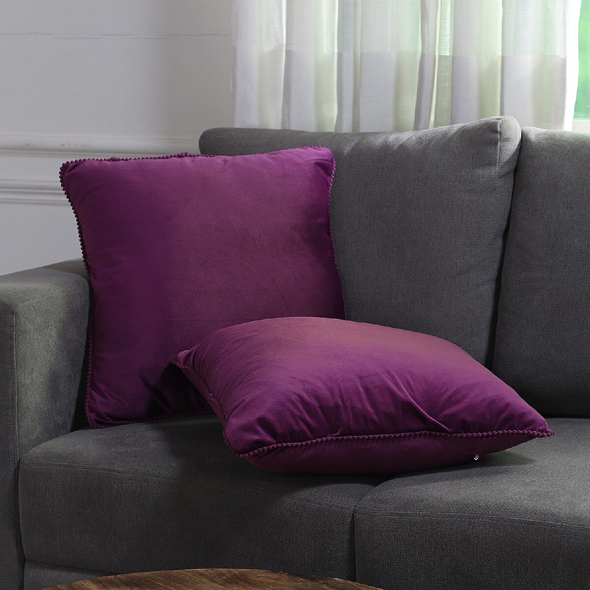 Set of 2 Purple Solid Velvet Cushion Cover with Pom Pom