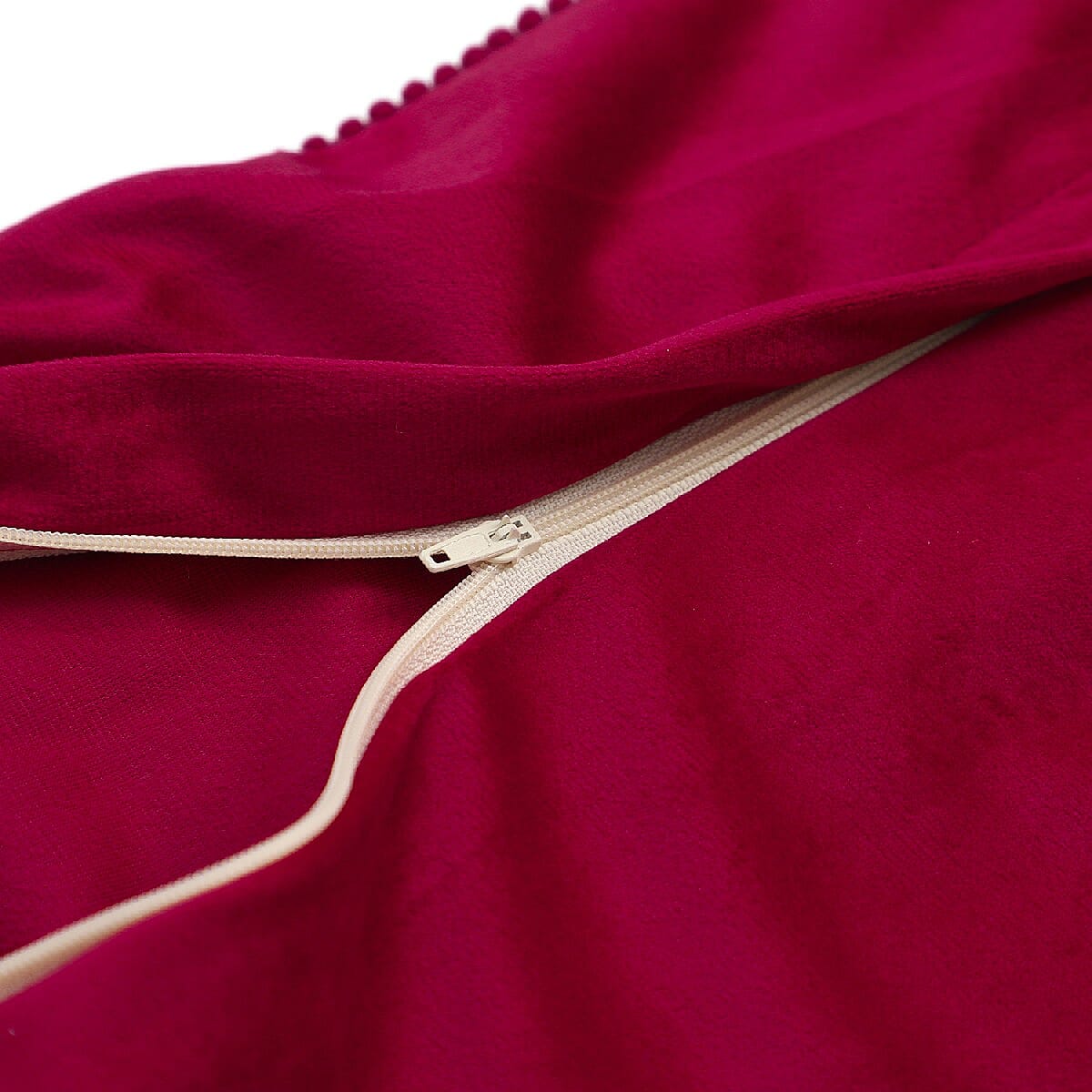 Set of 2 Red Wine Solid Velvet Cushion Cover with Pom Pom image number 4