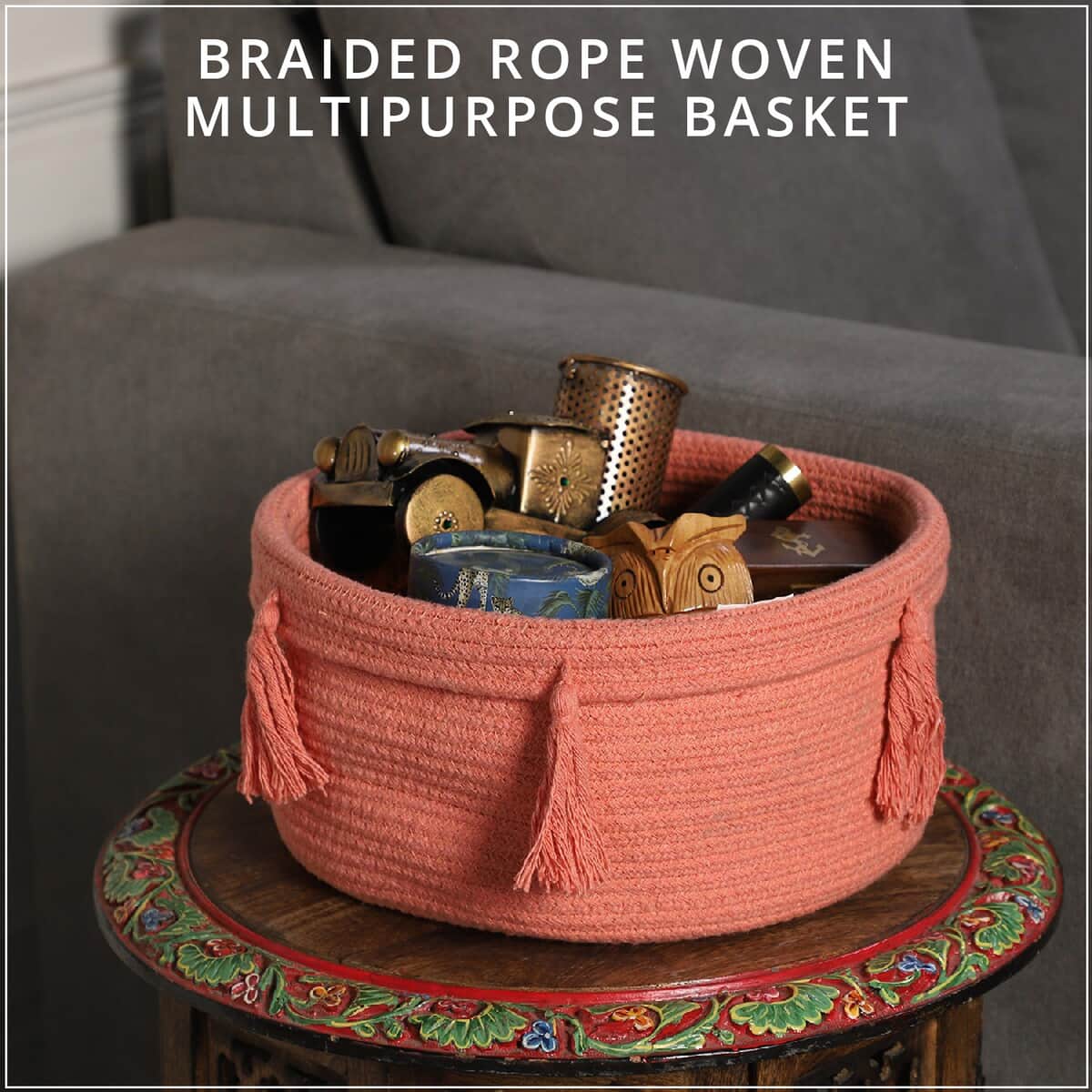 Light Pink Braided Rope Woven Multipurpose Basket image number 1